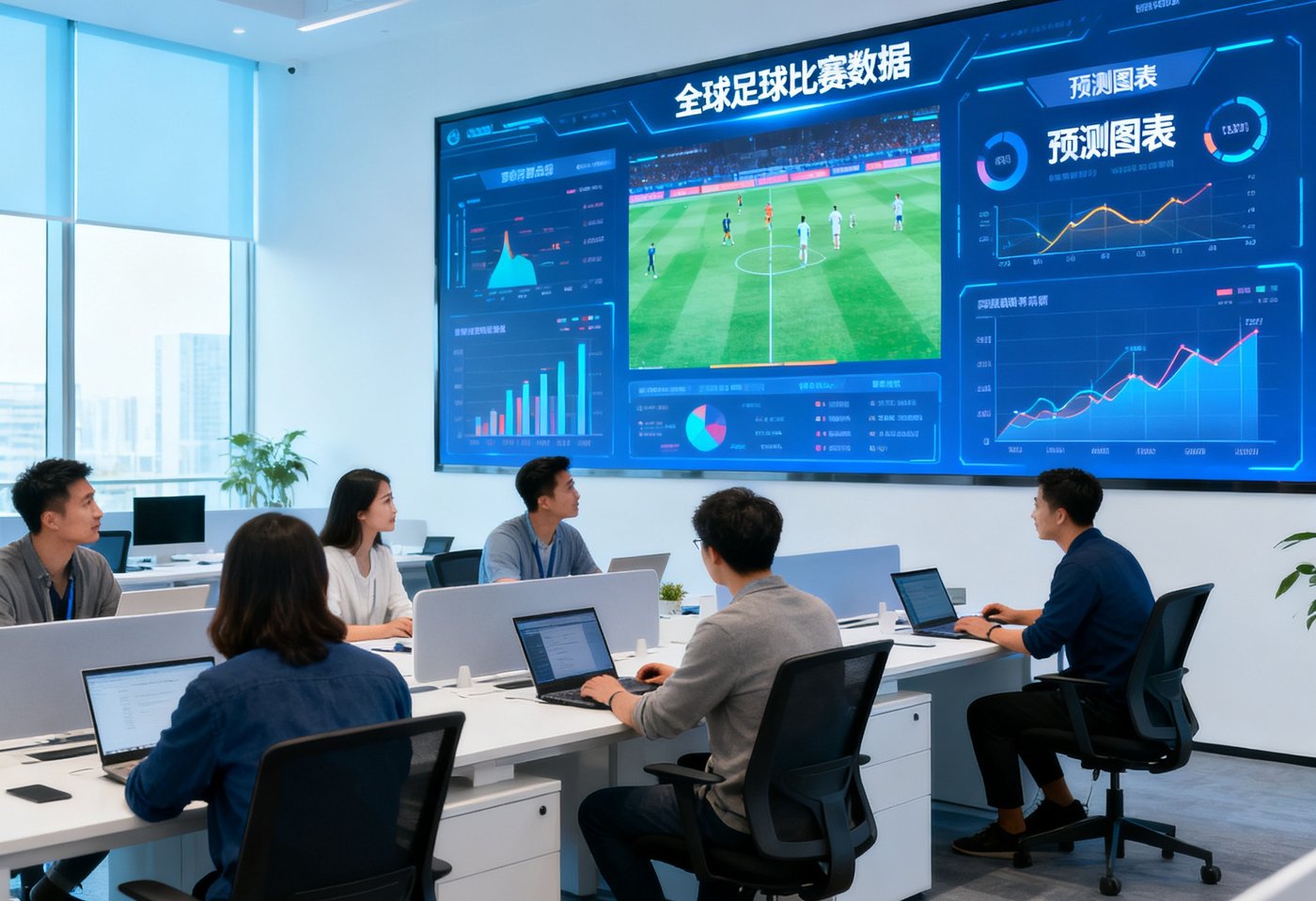 数据科学团队成员在开放式办公区协作，背景墙上的大屏幕实时滚动全球足球比赛数据和预测图表